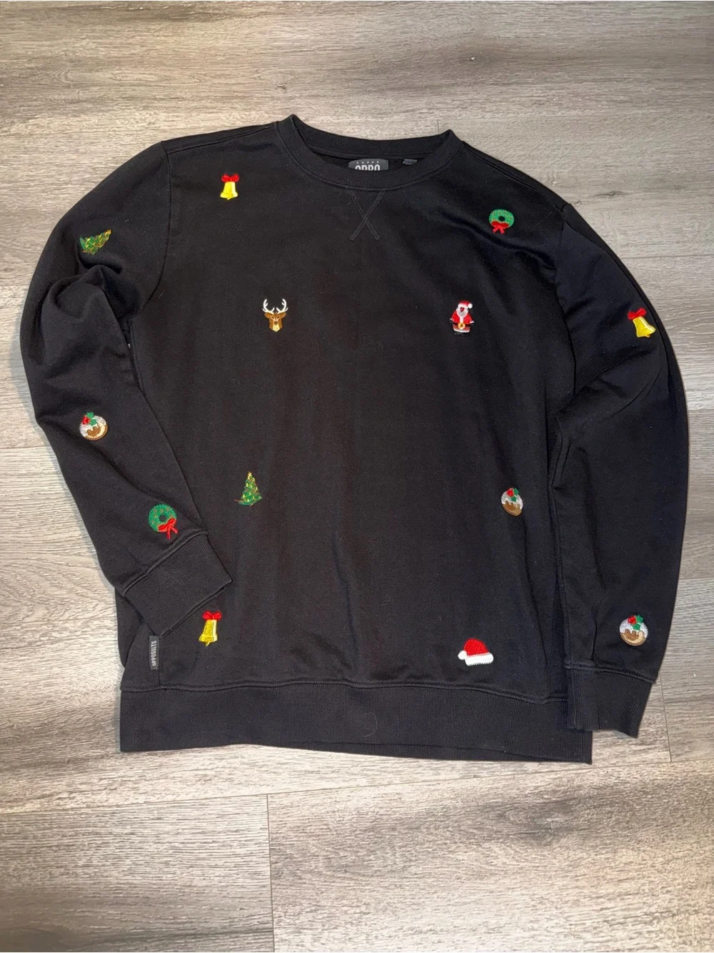 OppoSuits Deluxe Black Crewneck Sweater with Festive Embroidered Motifs
